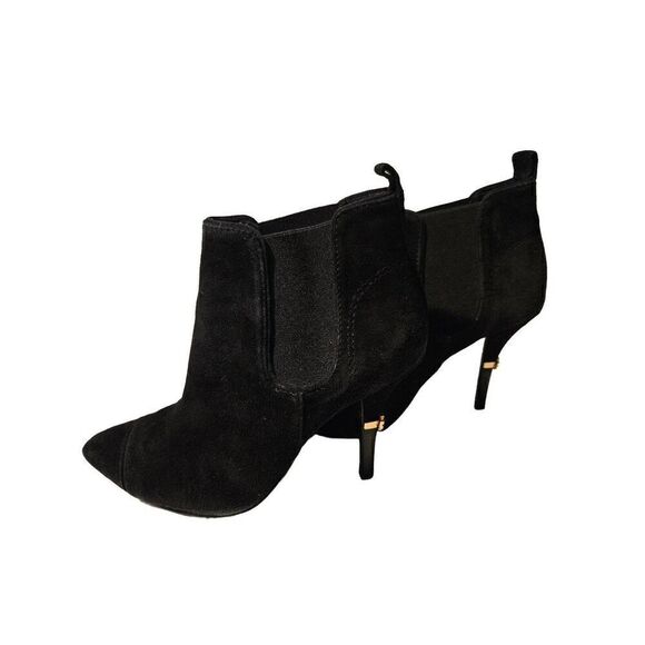 Tory Burch black suede ankle booties with gold emblem on heel. Size 7. - Picture 4 of 6